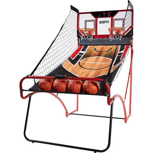 2-player arcade basketball game; foldable design; two 12' steel rims with heavy-duty nylon nets; 43' x 20.5' polycarbonate backboard; integrated 3' x 11' LED scoring display; features eight different games