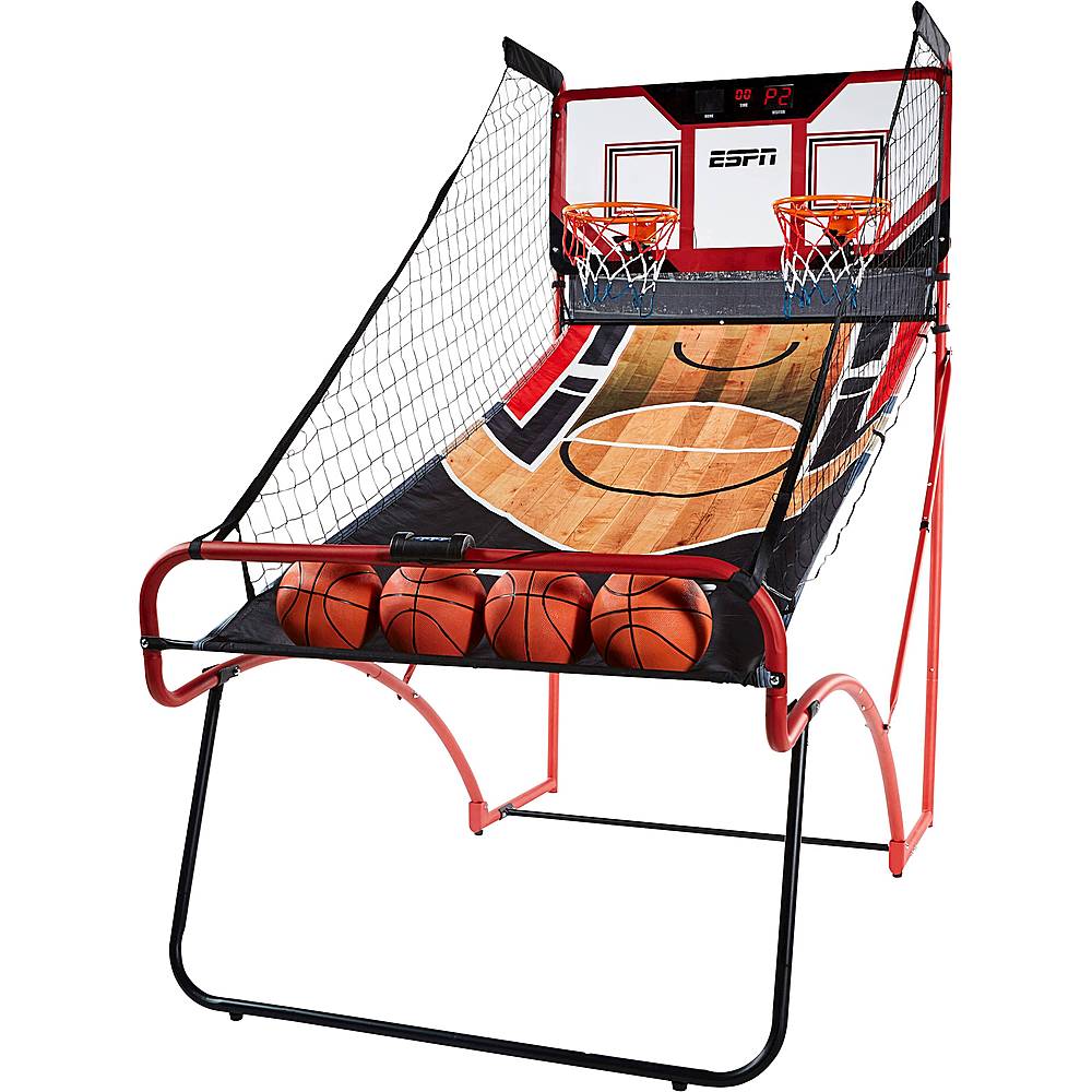 2-player arcade basketball game; foldable design; two 12' steel rims with heavy-duty nylon nets; 43' x 20.5' polycarbonate backboard; integrated 3' x 11' LED scoring display; features eight different games