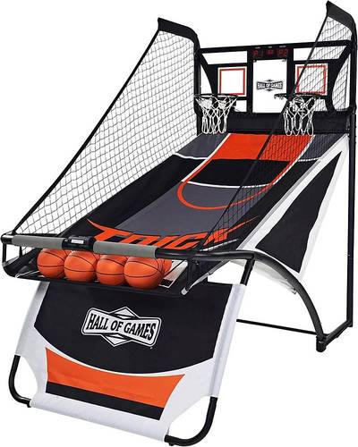 2-player arcade basketball game; foldable design; 1.73' steel frame; two 12' steel rims fixed on authentic clear polycarbonate backboard; integrated oversized LED scoring display; 8 different games