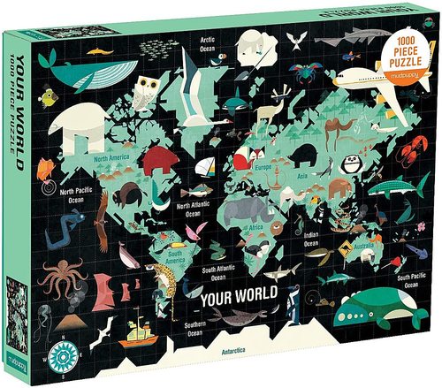 Put together this 1000 piece family puzzle from Mudpuppy to reveal 'Your World.' The completed puzzle features a vibrant and playful assortment of animals on a world map.