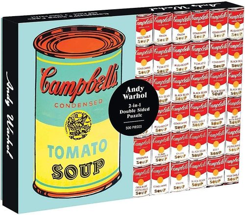 Two puzzles in one! The Andy Warhol Soup Can 2-Sided Puzzle from Galison features 2 versions of Warhol's iconic Pop Art masterpiece.