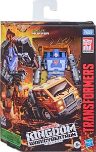 Includes Transformers Generations War for Cybertron: Kingdom Deluxe Class Huffer figure, Golden Disk card, accessory, and instructions. Figure scale: 5.5 inches Ages 8 and up Warning: Choking Hazard - Small parts. Not for children under 3 years.
