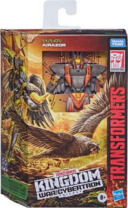 Includes Transformers Generations War for Cybertron: Kingdom Deluxe Class Airazor figure, 2 accessories, Golden Disk card, and instructions. Figure scale: 5.5 inches Ages 8 and up Warning: Choking Hazard - Small parts. Not for children under 3 years.