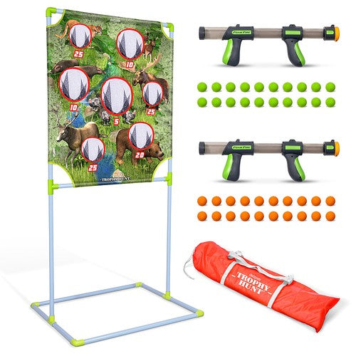 GoSports Foam Fire Trophy Hunt Game Set with Target, 2 Toy Blasters and Balls