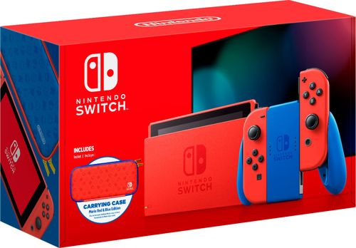 This Nintendo Switch system takes inspiration from Mario, with a bold red design on the Nintendo Switch console, Joy-Con controllers, and the Nintendo Switch dock. A solid blue design is featured on both the Joy-Con grip and Joy-Con wrist straps. As a bonus, this Nintendo Switch bundle includes a Mario Red & Blue Edition carrying case adorned with Super Mario iconography.