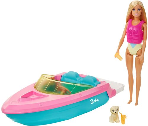 ​Imaginations can take any adventure from land to sea with Barbie® doll in colorful swimwear, her pet puppy and a Barbie® boat that floats in water!