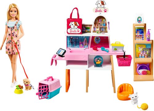 Welcome  to  the  Barbie®  pet  boutique  playset,  where  kids  will  find  everything  they  need  to  help  Barbie®  doll  care  for  her  animal  friends!  This  playset  inspires  nurturing  play  and  friendship  stories  with  a  grooming  station,  checkout  counter,  shelving  unit  and  over  20  themed  play  pieces.