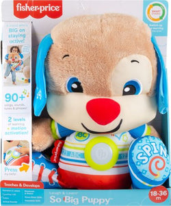 &#8203;The Laugh & Learn&#174; So Big Puppy&#8482; plush toy encourages toddlers and kids to get up and get moving with fun music and lights. This super-sized best friend has 90+ songs, sounds, tunes and phrases, and two big soft paws for hugging.