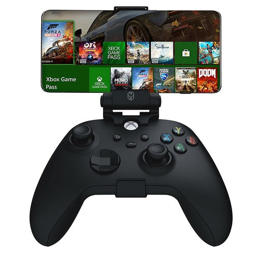 Phone Mount for Xbox Series X and Xbox Series S Controller.  Perfect for use with Game Pass. Secure locking multi-angle adjustable viewing positions. Push button release lock. Full access to power ports and built-in desktop table stand.