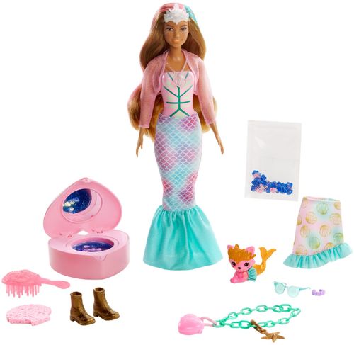 Barbie® Color Reveal™ Peel Doll Set with 25 Surprises Including Purple Peel-able Doll & Pet & 16 Mystery Bags with Clothes & Accessories for 2 Mermaid-Inspired Looks; 4 Color-Change Features; Gift for Kids 3 Years Old & Up