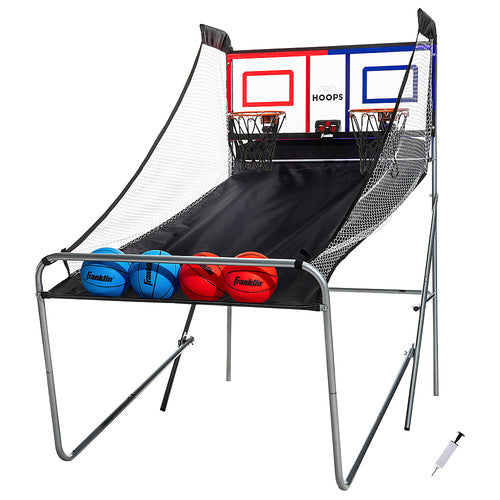 Shoot it out head-to-head with the Franklin Sports Dual Hoops Rebound Pro! This arcade-style basketball shootout game is the perfect way to bring your game indoors. With two rims and four mini basketballs included, this set has everything you need for two players to shoot it out for the win. Plus, when you're finished, the shooting area folds up neatly for easy and convenient storage.
