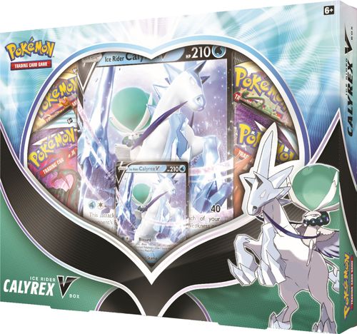 Command Frozen Lands and Shadows—with Two Forms of Calyrex V! Calyrex V fuses two kinds of power, charging through ice and shadows on its trusty steed! Enhance your collection with this royal Pokémon, and find helpful allies, skilled Trainers, and other treasure in Pokémon TCG booster packs. Whether you choose Ice Rider Calyrex V or Shadow Rider Calyrex V.